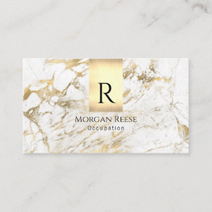 Name & Monogram, QR code, White & Gold Marble Vs 5 Business Card