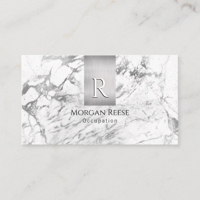 Name & Monogram, QR code, White & Grey Marble Business Card (Front)
