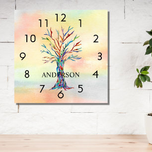 Name Monogram Rainbow Tree Square Wall Clock