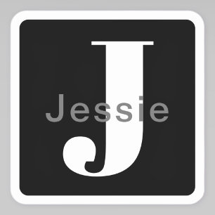 Name & Monogram   Rounded Black White & Grey Square Sticker