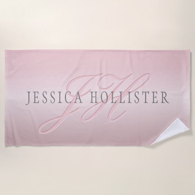Name & Monogram | Soft FAUX Rose Gold Blush Beach Towel (Front)