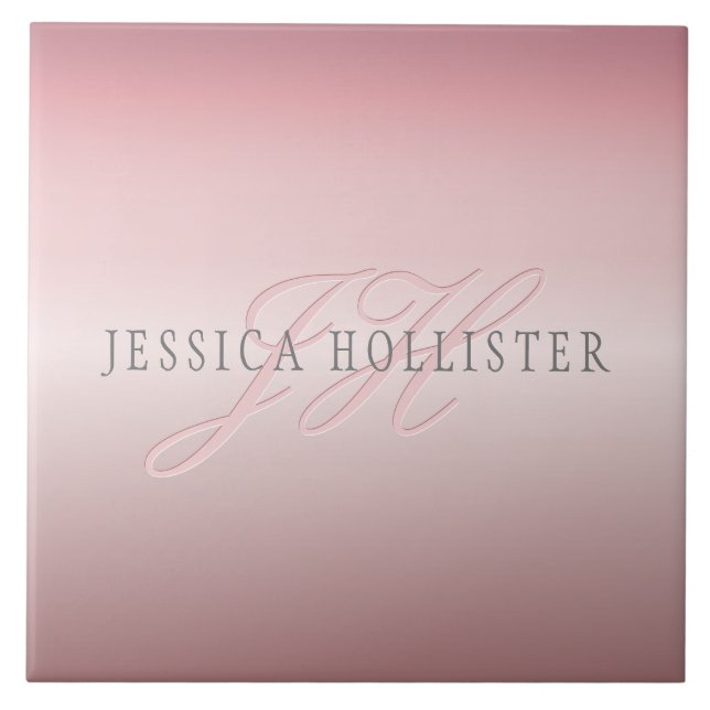 Name & Monogram | Soft FAUX Rose Gold Blush Ceramic Tile (Front)