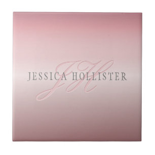 Name & Monogram   Soft FAUX Rose Gold Blush Ceramic Tile