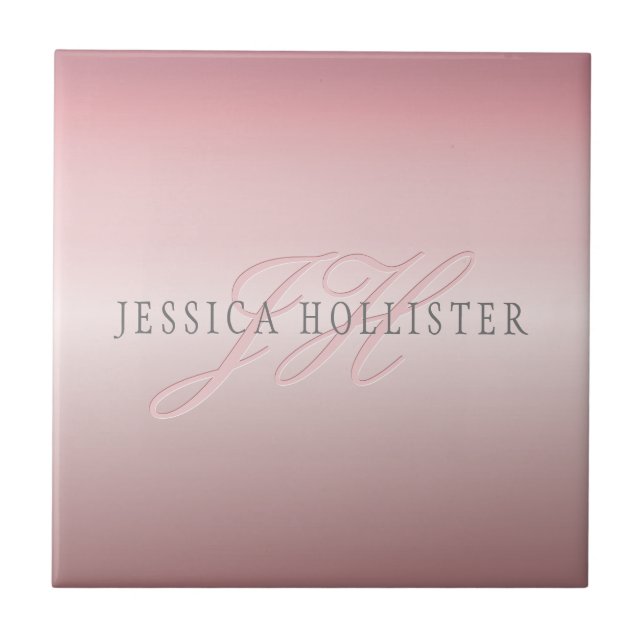 Name & Monogram | Soft FAUX Rose Gold Blush Ceramic Tile (Front)