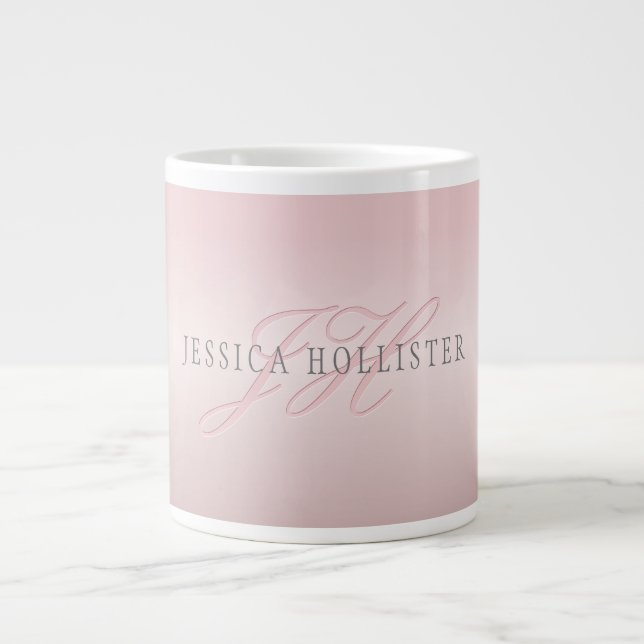 Name & Monogram | Soft FAUX Rose Gold Blush Large Coffee Mug (Front)