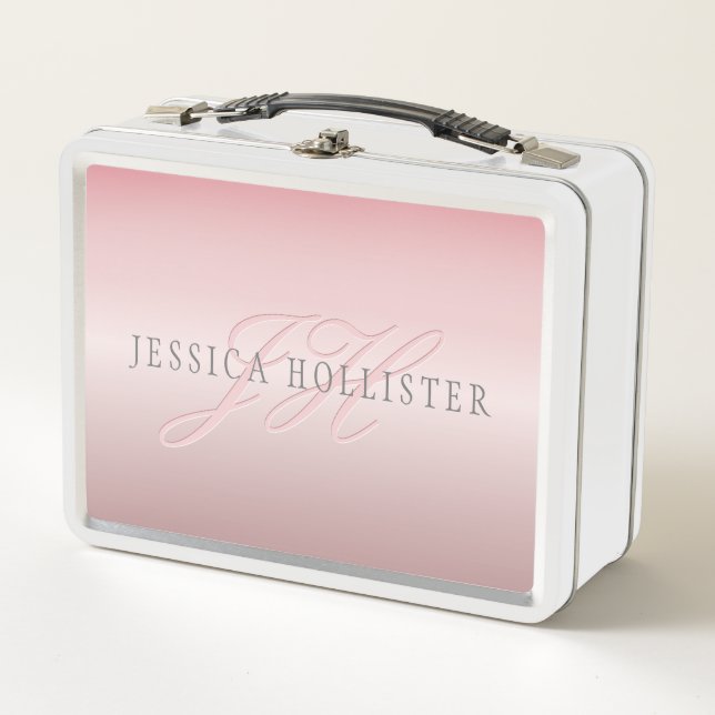 Name & Monogram | Soft FAUX Rose Gold Blush Metal Lunch Box (Front)