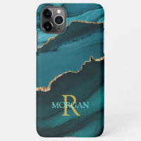 Name & Monogram, Teal Black Agate, Gold Teal Text