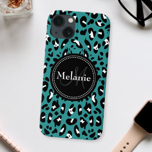 Name Monogram Teal Black White Leopard Pattern iPhone 13 Case