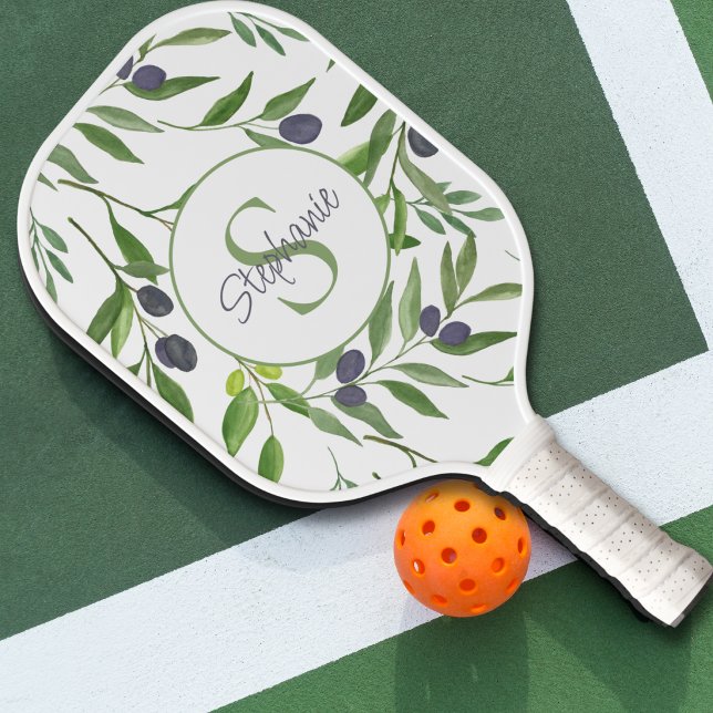 Name Monogram Watercolor Olive Pattern Pickleball Paddle (Creator Uploaded)