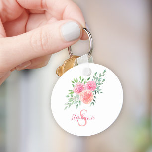 Name Monogram Watercolor Pink Floral Key Ring