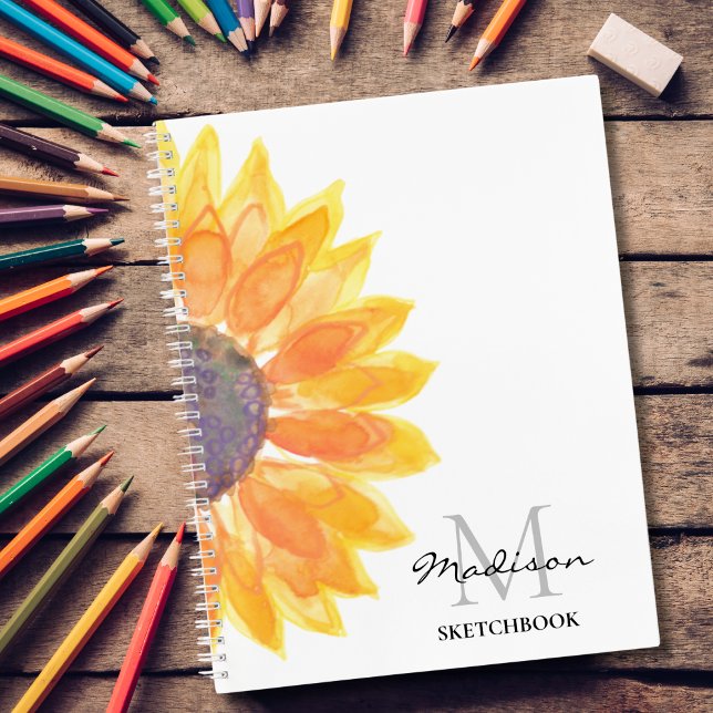 Name Monogram Watercolor Sunflower Sketchbook Notebook (Creator Uploaded)