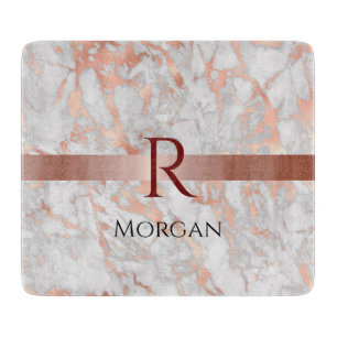 Name & Monogram, White & Rose Gold Marble Cutting Board