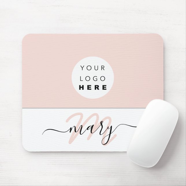 Name Monogram White Rose Pink White Custom Logo Mouse Pad (With Mouse)