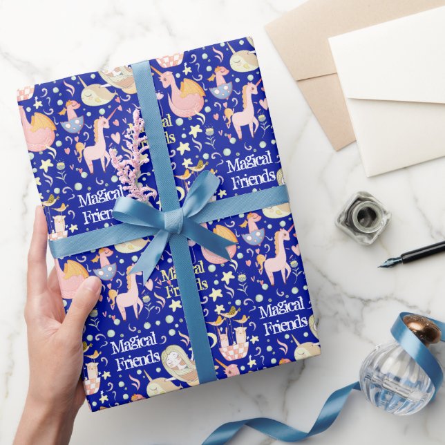 Name, Narwhal Mermaid Unicorn Dragon Small Print Wrapping Paper (Gifting)