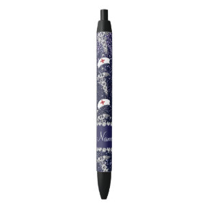 Name navy blue glitter nurse hats silver caduceus black ink pen