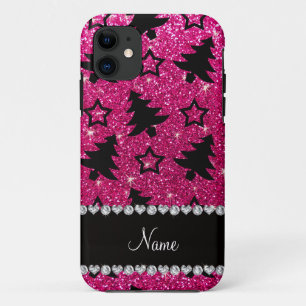 Name neon hot pink glitter christmas trees stars iPhone 11 case