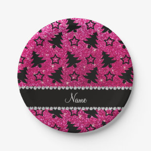 Name neon hot pink glitter christmas trees stars paper plate
