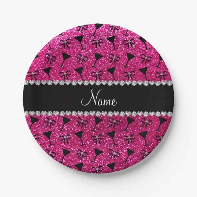 name neon hot pink glitter cocktail glass bow paper plate (Front)