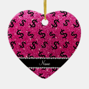 Name neon hot pink glitter dollar signs ceramic tree decoration