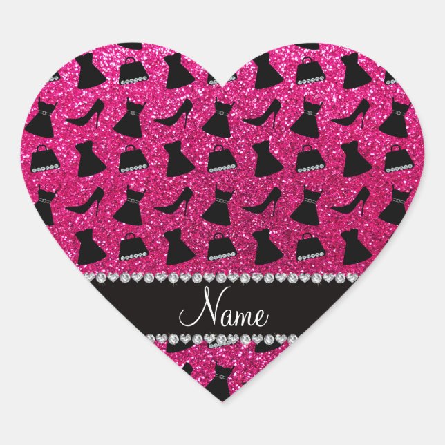 Name neon hot pink glitter high heels dress purses heart sticker (Front)