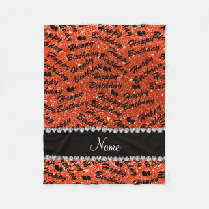 Name neon orange glitter happy birthday balloons fleece blanket