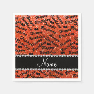 Name neon orange glitter happy birthday balloons napkin