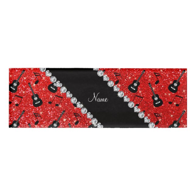 Name neon red glitter guitars music notes tag (Front)