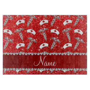 Name neon red glitter nurse hats silver caduceus cutting board