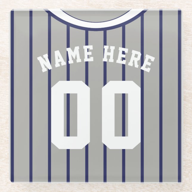 Name & Number Navy Pinstripe Baseball Glass Coaster (Front)