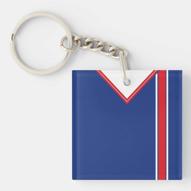 Name & Number Soccer Jersey Keyring Blue Red White (Front)