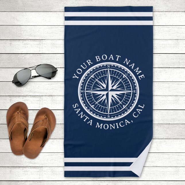 Name of your boat Nautical Compass Navy blue Beach Towel (Creator Uploaded)