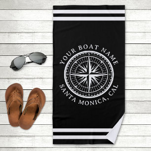 Name of your boat Nautical Compass Navy blue Beach Towel