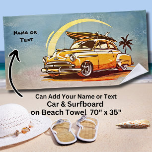 Name, Old Car with Surfboard & Palm Tree Beach Towel
