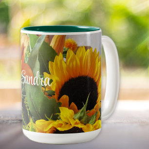 Name on Beautiful Autumn Sunflowers 15oz Two-Tone Coffee Mug