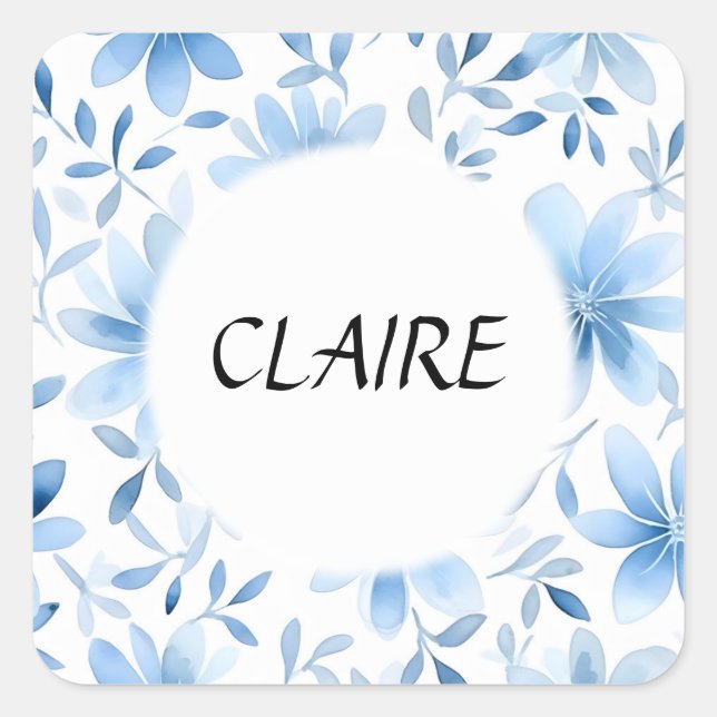 Name on Beautiful Blue Pastel Flower Pattern Square Sticker (Front)