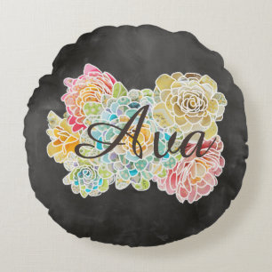 Name on Chalkboard With Flowers & Lord's Prayer - Round Cushion