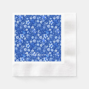 Name on Cobalt Blue Tropical Flowers Cocktail Napkin