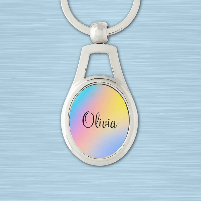 Name on Colourful Rainbow Ombre Print Oval Key Ring (Creator Uploaded)