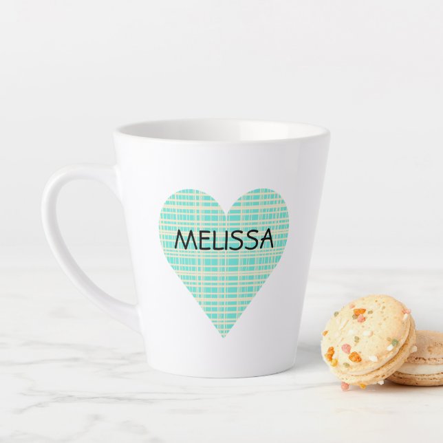NAME on Cute Turquoise and Yellow Plaid Heart Latte Mug (In Situ)