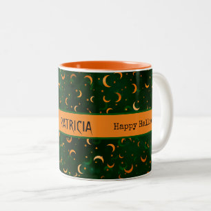 Name on Halloween Bokeh Moons & Stars 11oz Two-Tone Coffee Mug