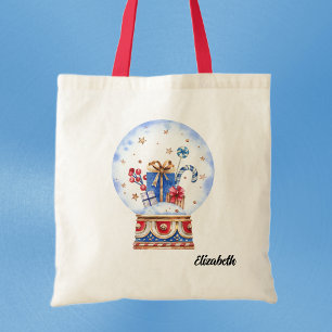Name on Holiday Scene in Snow Globe Tote Bag