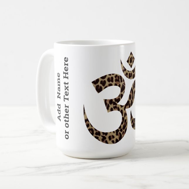 Name on Leopard Print Om Symbol 15oz Coffee Mug (Front Left)