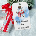 Name on Whimsical Retro Snowman Winter Gift Tags<br><div class="desc">A loveable retro snowman decorates this whimsical Merry Christmas and name gift tag. A matching pattern is printed on the back. Easily change the text and name using the Template provided. Tags are 3.5" x 2" and sold in sets of 10. Choice of 4 colours of twine. See "About This...</div>