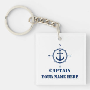 Name or Boat Name Nautical Compass Anchor White Key Ring