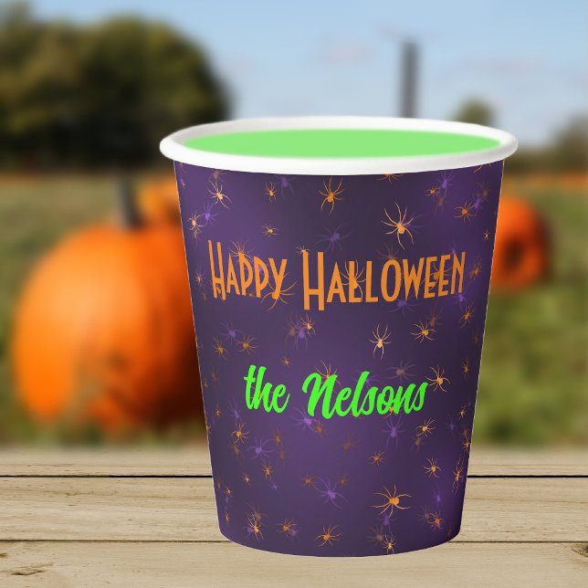 Name, Orange Creepy Spiders in Webs 8oz Paper Cups (Creator Uploaded)