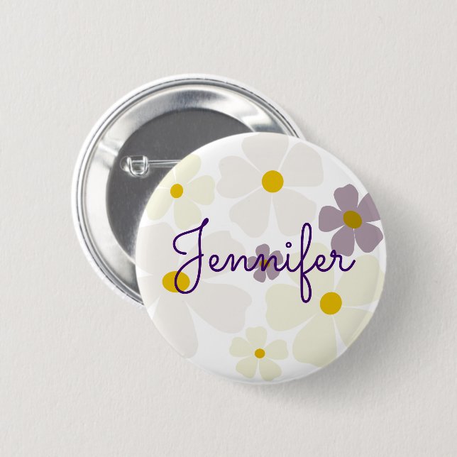 Name Over Pale Cream and Purple Flowers 6 Cm Round Badge (Front & Back)