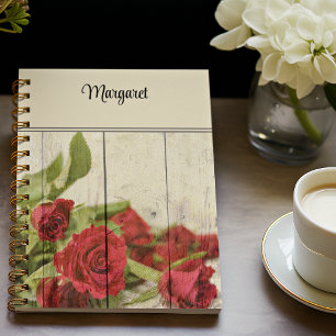 Name, Painted Red Roses on Weathered Wood Photo Notebook