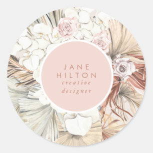 Name Pampas Grass Floral Company Boho Pink  Classic Round Sticker
