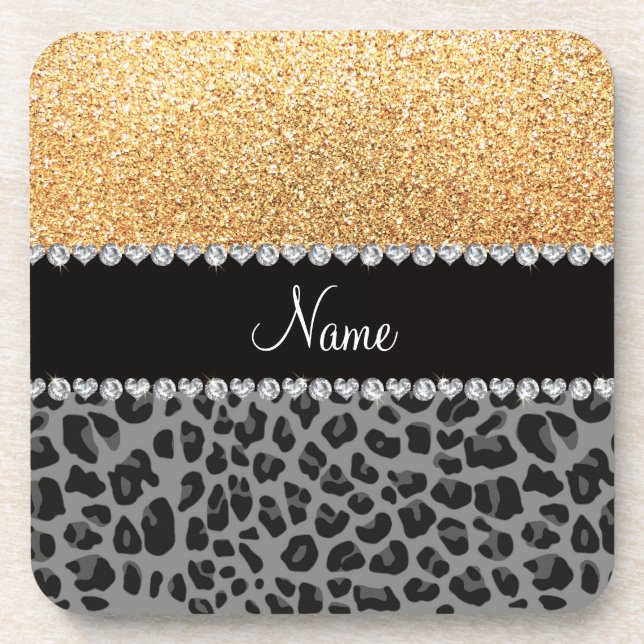 Name pastel yellow glitter black leopard coaster (Front)