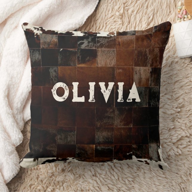 Name Patchwork Cowhide Print Western Rustic Farm Cushion (Blanket)